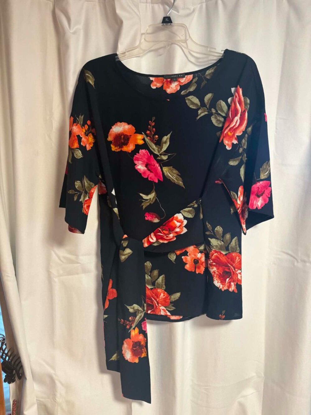 West Kei Floral Blouse Womens Large Navy Tie Waist Kimono Sleeve Top